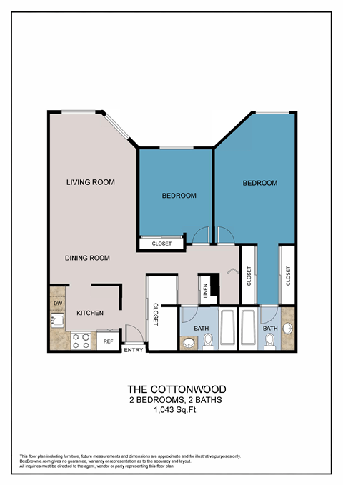 Floor plan for 2 beds, 2 baths, 1043 sqft